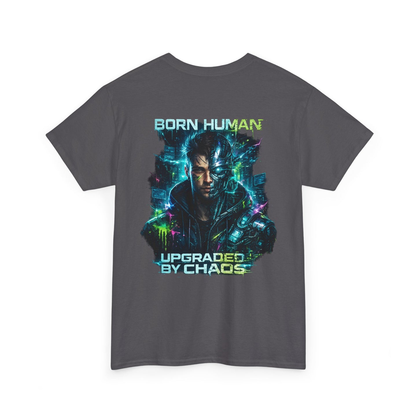 Synth Rebellion Cyberpunk T-Shirt | Born Human Upgraded by Chaos Futuristic Graphic Tee