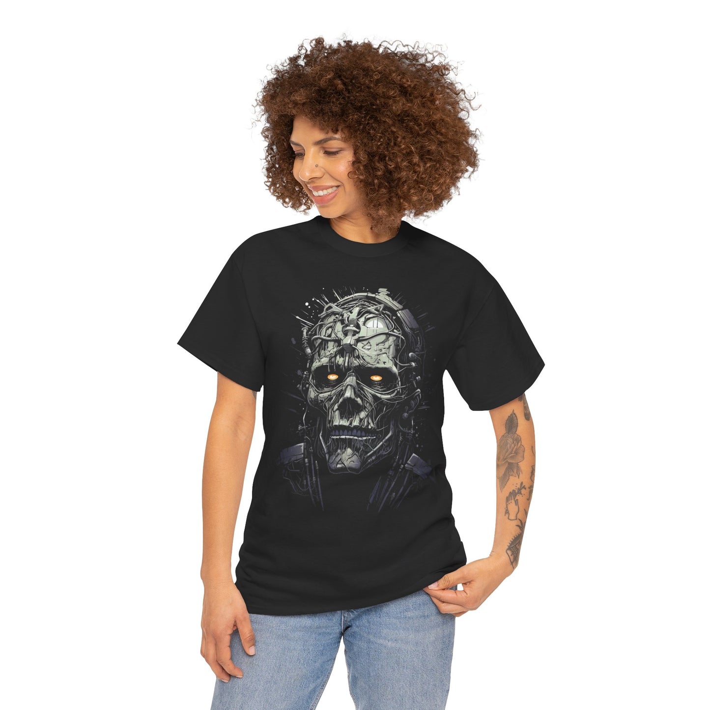 Horror Skull Tee — Mechanical Skull Graphic T-Shirt with Glowing Eyes
