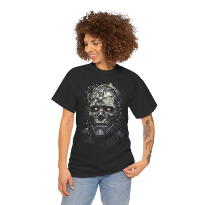 Horror Skull Tee — Mechanical Skull Graphic T-Shirt with Glowing Eyes