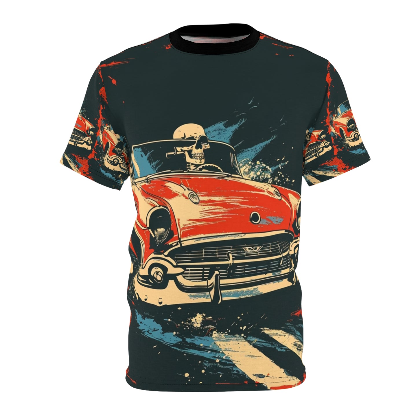 Vintage Red Convertible Tee — Retro Skull Driver All-Over Print