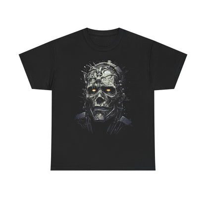 Horror Skull Tee — Mechanical Skull Graphic T-Shirt with Glowing Eyes