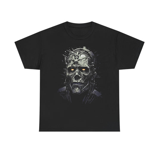 Horror Skull Tee — Mechanical Skull Graphic T-Shirt with Glowing Eyes