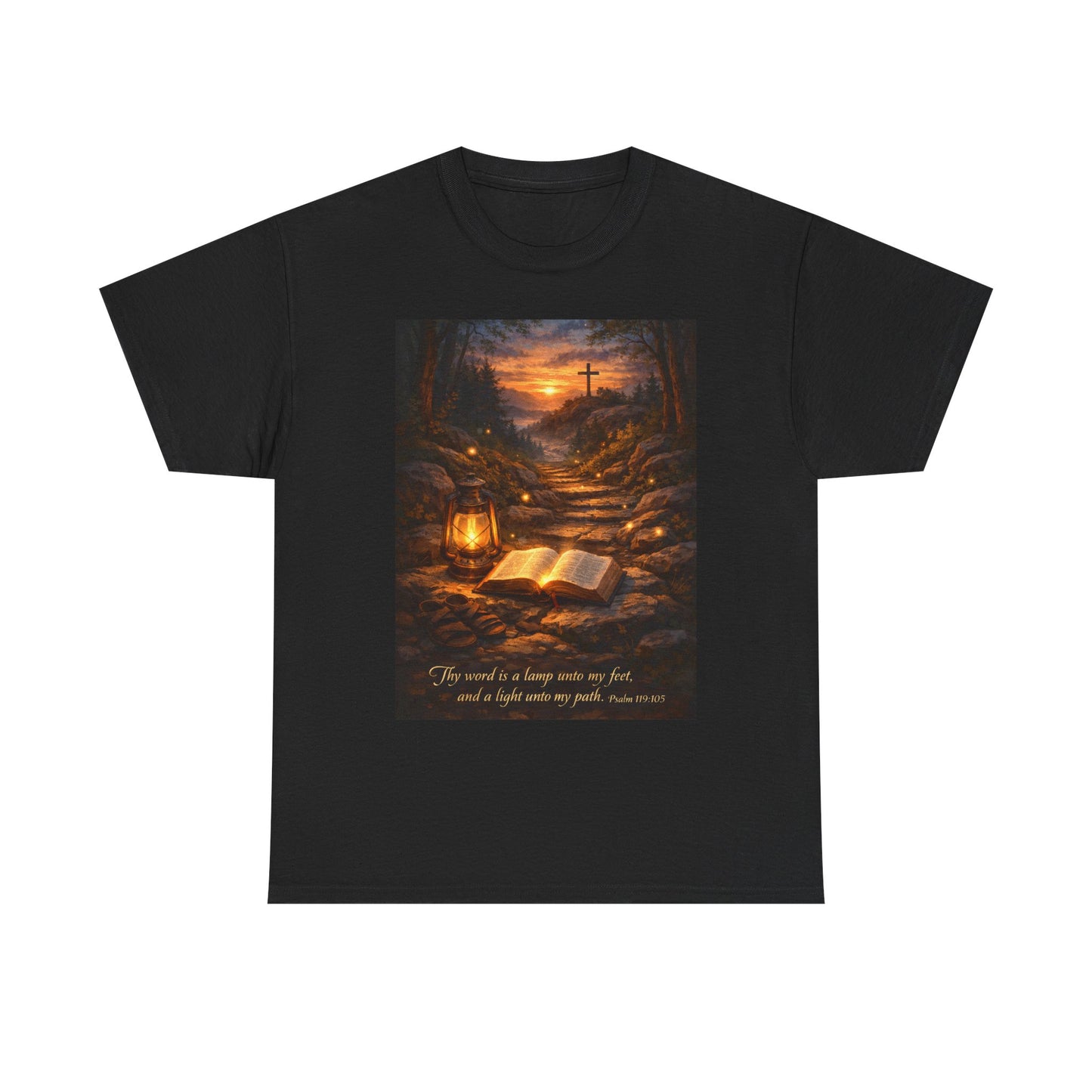 Christian T-Shirt — Lantern, Bible & Cross Design with Inspirational Scripture