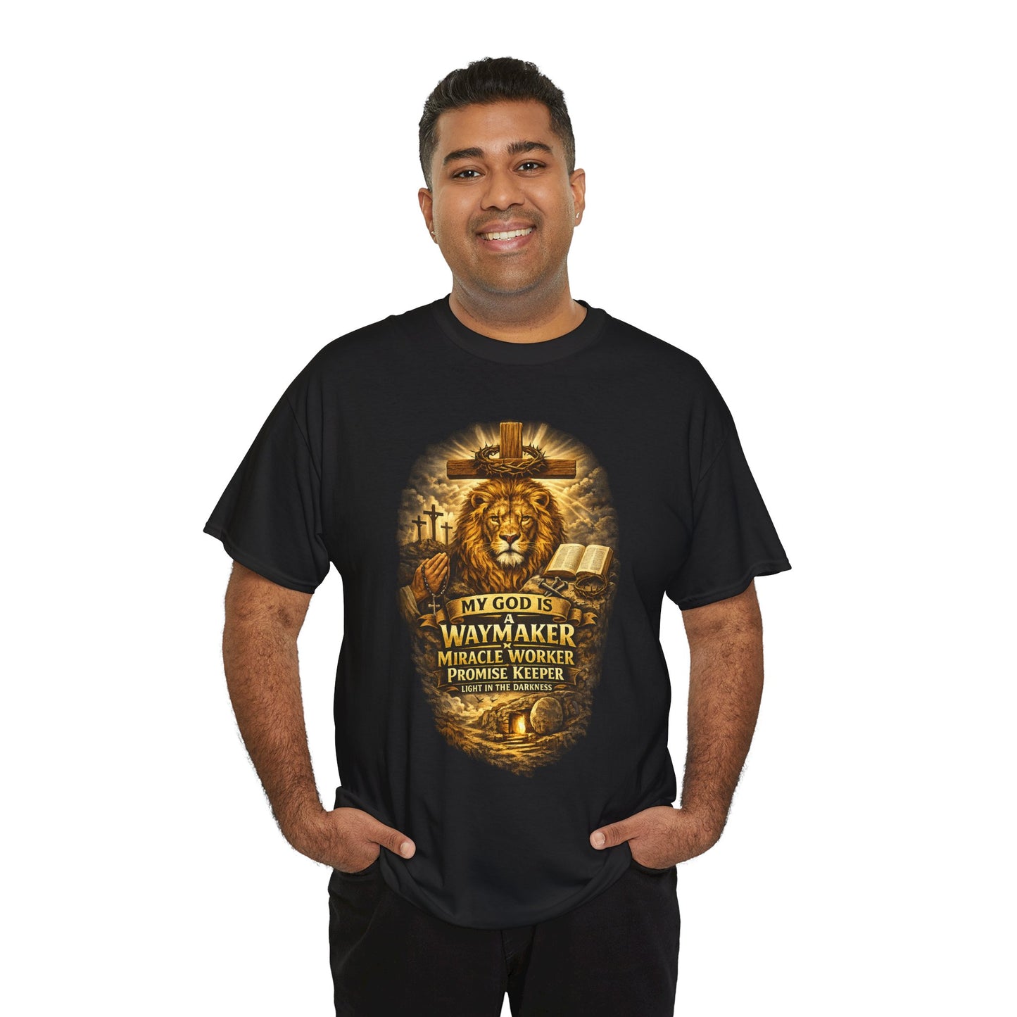 Christian Lion of Judah T-Shirt – Waymaker Miracle Worker Faith Shirt, Jesus Cross Graphic Tee, Bible Verse Religious Shirt, Unisex Christian Apparel