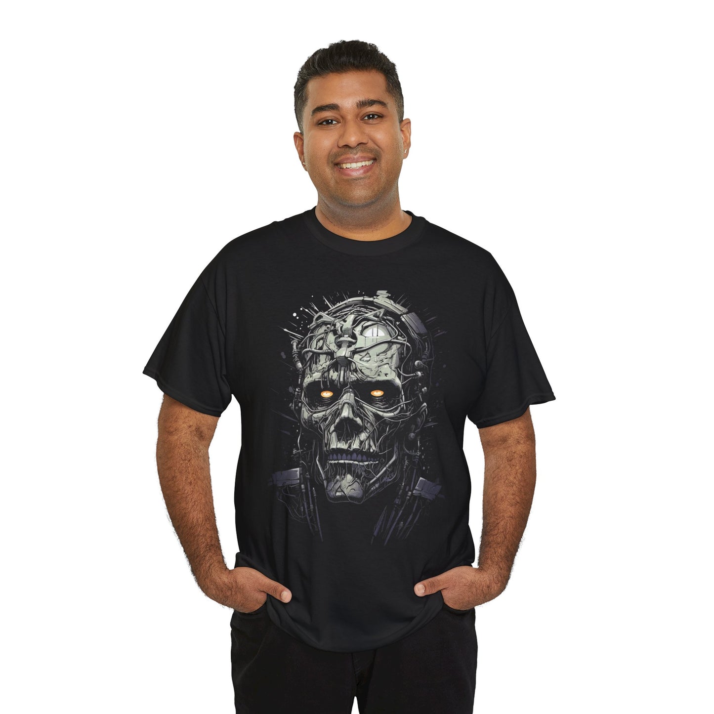 Horror Skull Tee — Mechanical Skull Graphic T-Shirt with Glowing Eyes
