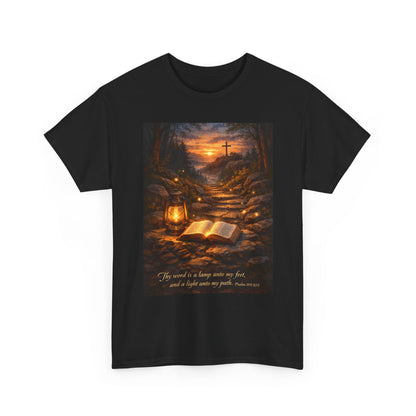 Christian T-Shirt — Lantern, Bible & Cross Design with Inspirational Scripture