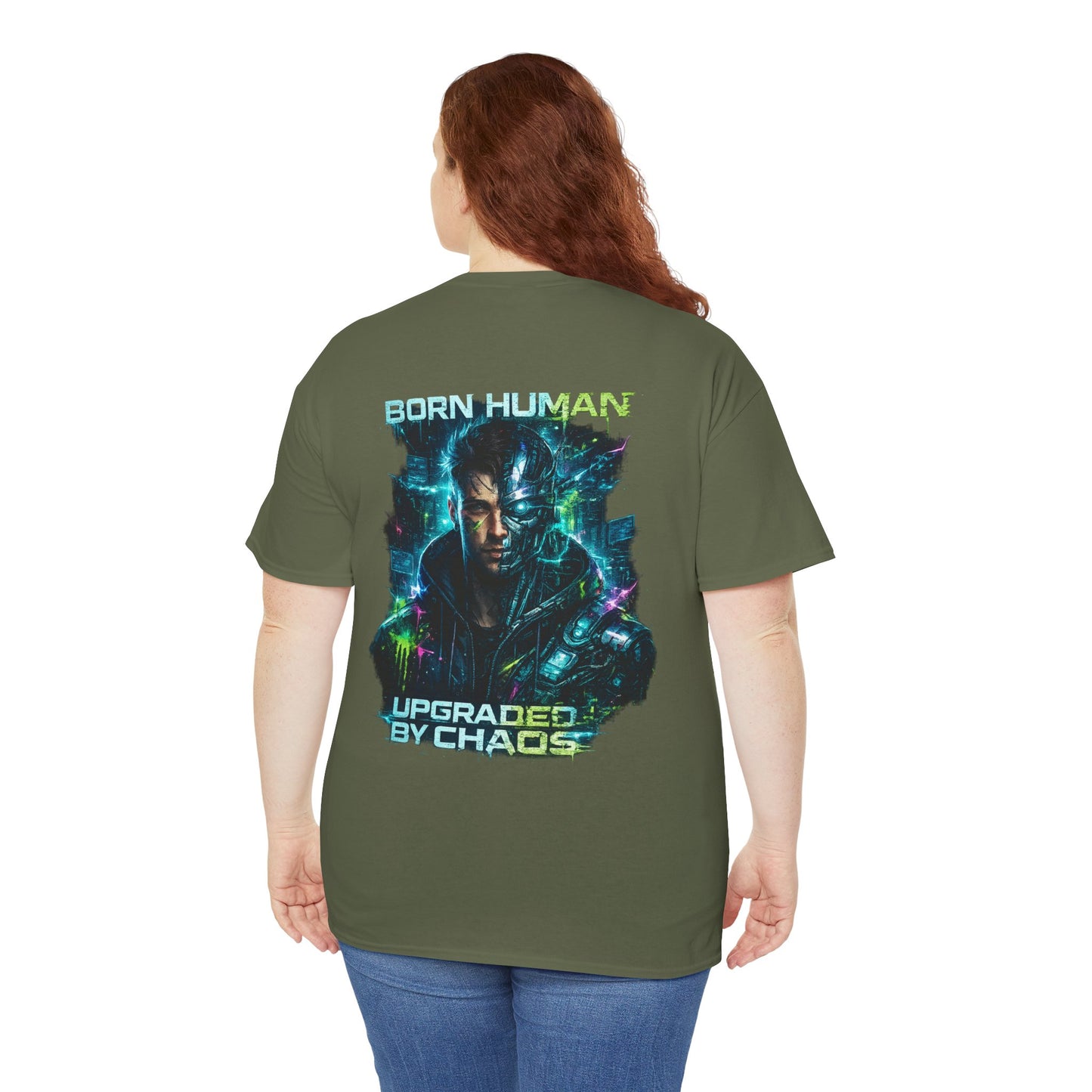 Synth Rebellion Cyberpunk T-Shirt | Born Human Upgraded by Chaos Futuristic Graphic Tee