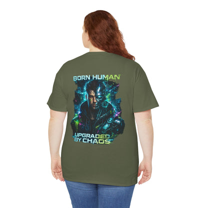 Synth Rebellion Cyberpunk T-Shirt | Born Human Upgraded by Chaos Futuristic Graphic Tee