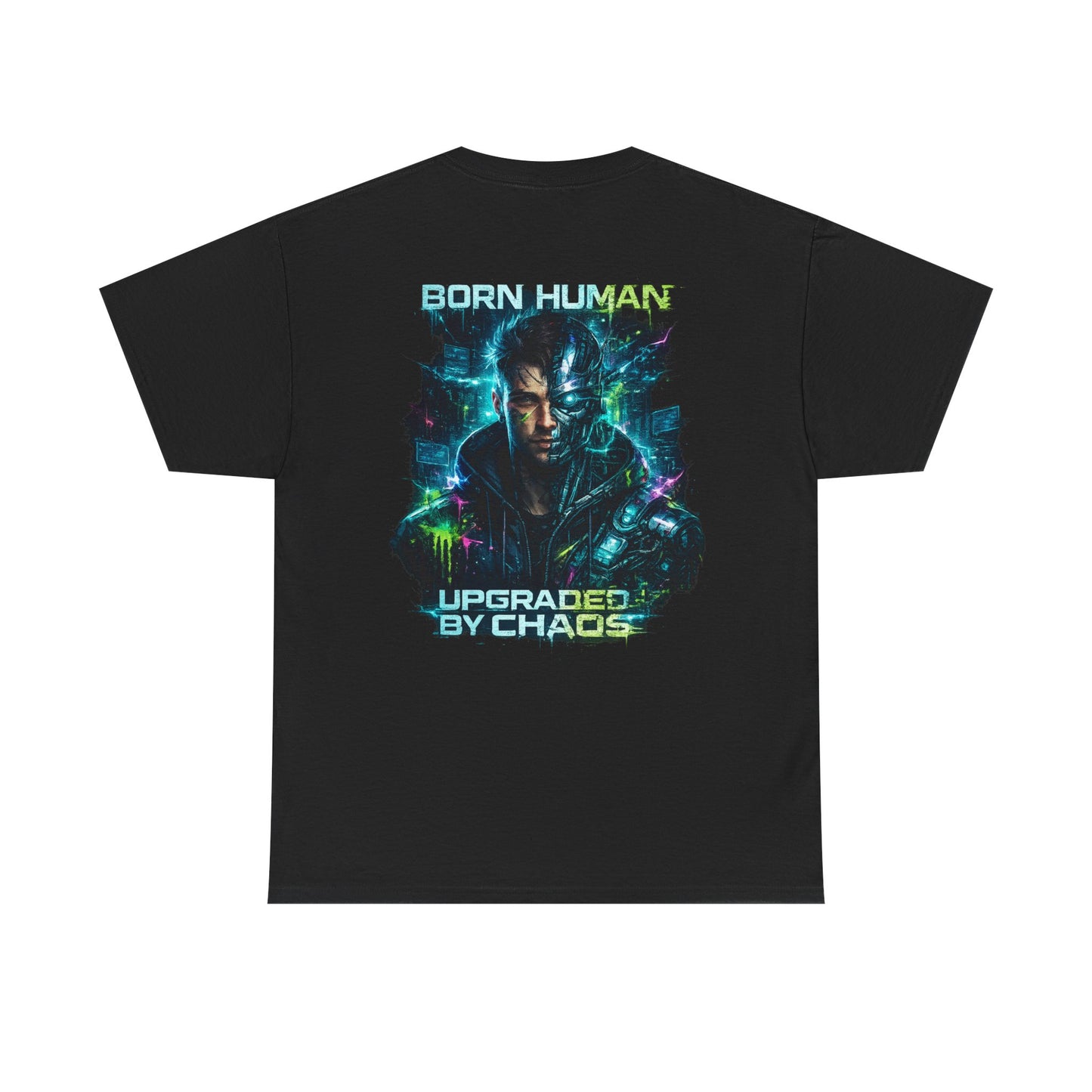 Synth Rebellion Cyberpunk T-Shirt | Born Human Upgraded by Chaos Futuristic Graphic Tee