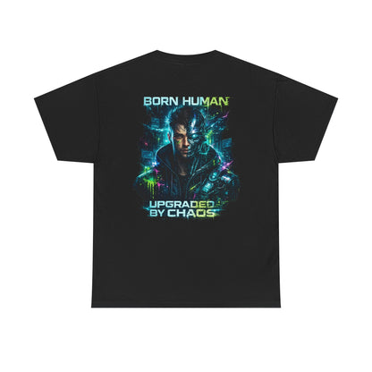 Synth Rebellion Cyberpunk T-Shirt | Born Human Upgraded by Chaos Futuristic Graphic Tee
