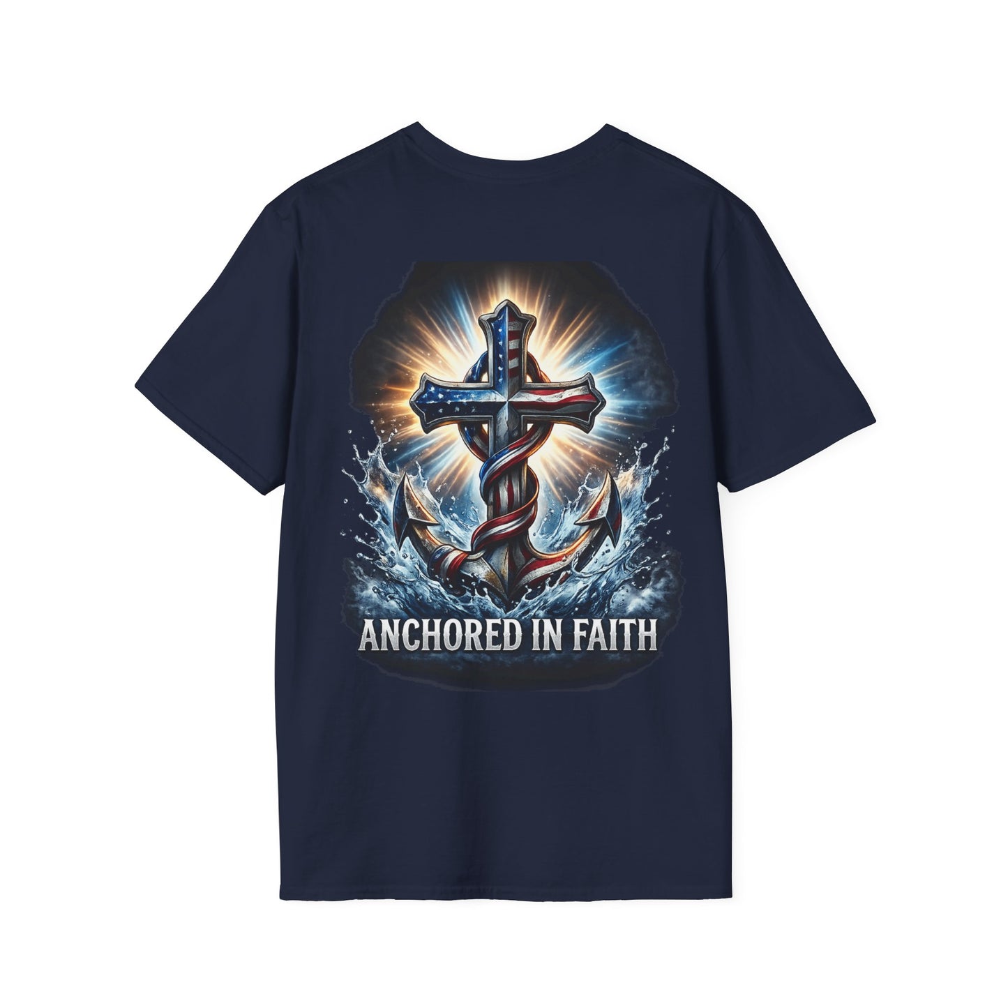 Anchored in Faith Christian T-Shirt | Patriotic Cross & Anchor Graphic Tee | American Flag Faith Shirt