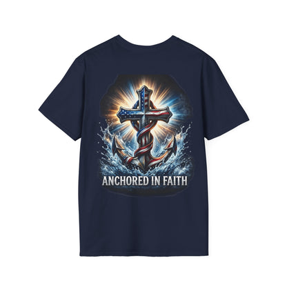 Anchored in Faith Christian T-Shirt | Patriotic Cross & Anchor Graphic Tee | American Flag Faith Shirt