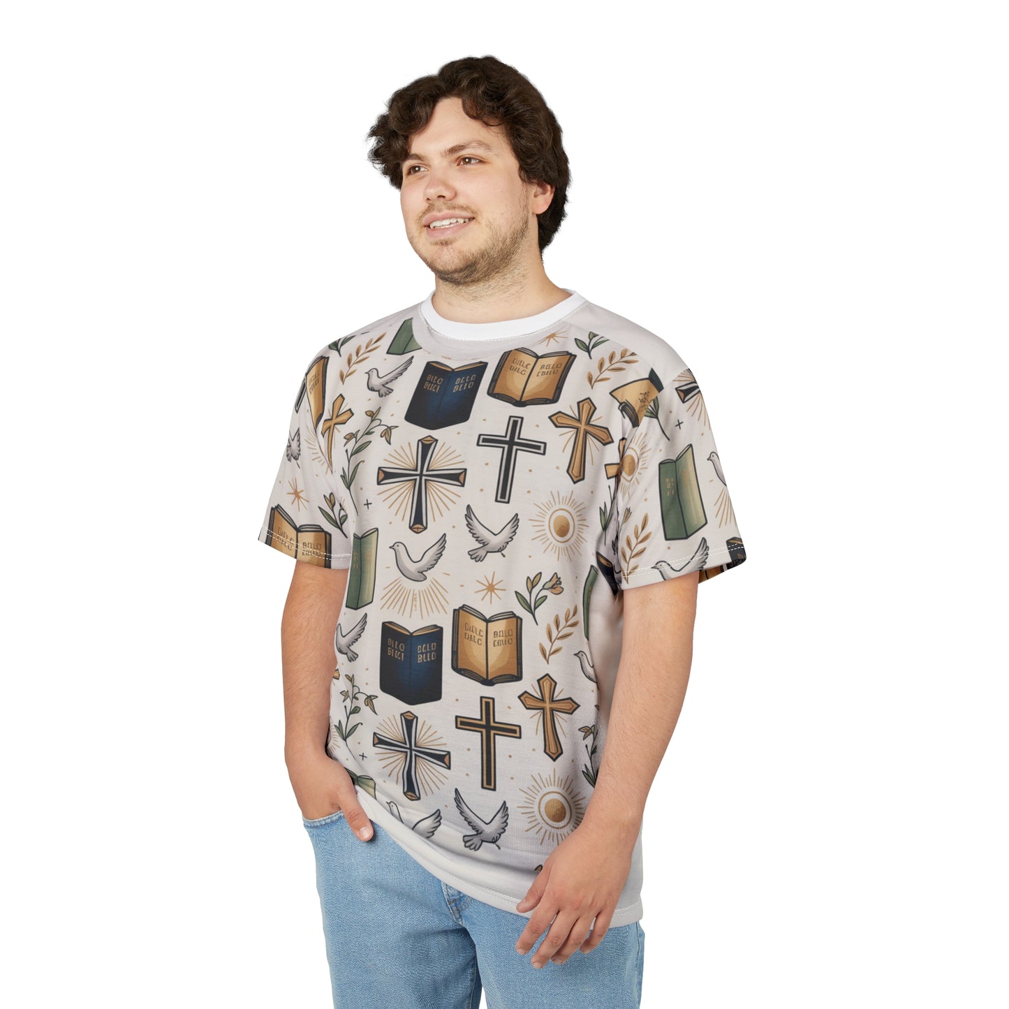 Christian Faith All-Over Print Tee — Crosses, Bibles & Doves Pattern