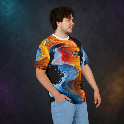Front and side view of a man wearing the abstract fluid art all-over print T-shirt against a charcoal studio background.