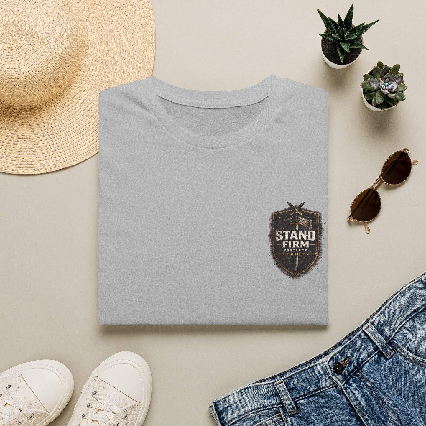 Stand Firm Shield T-Shirt — Patriotic Vintage Emblem Tee