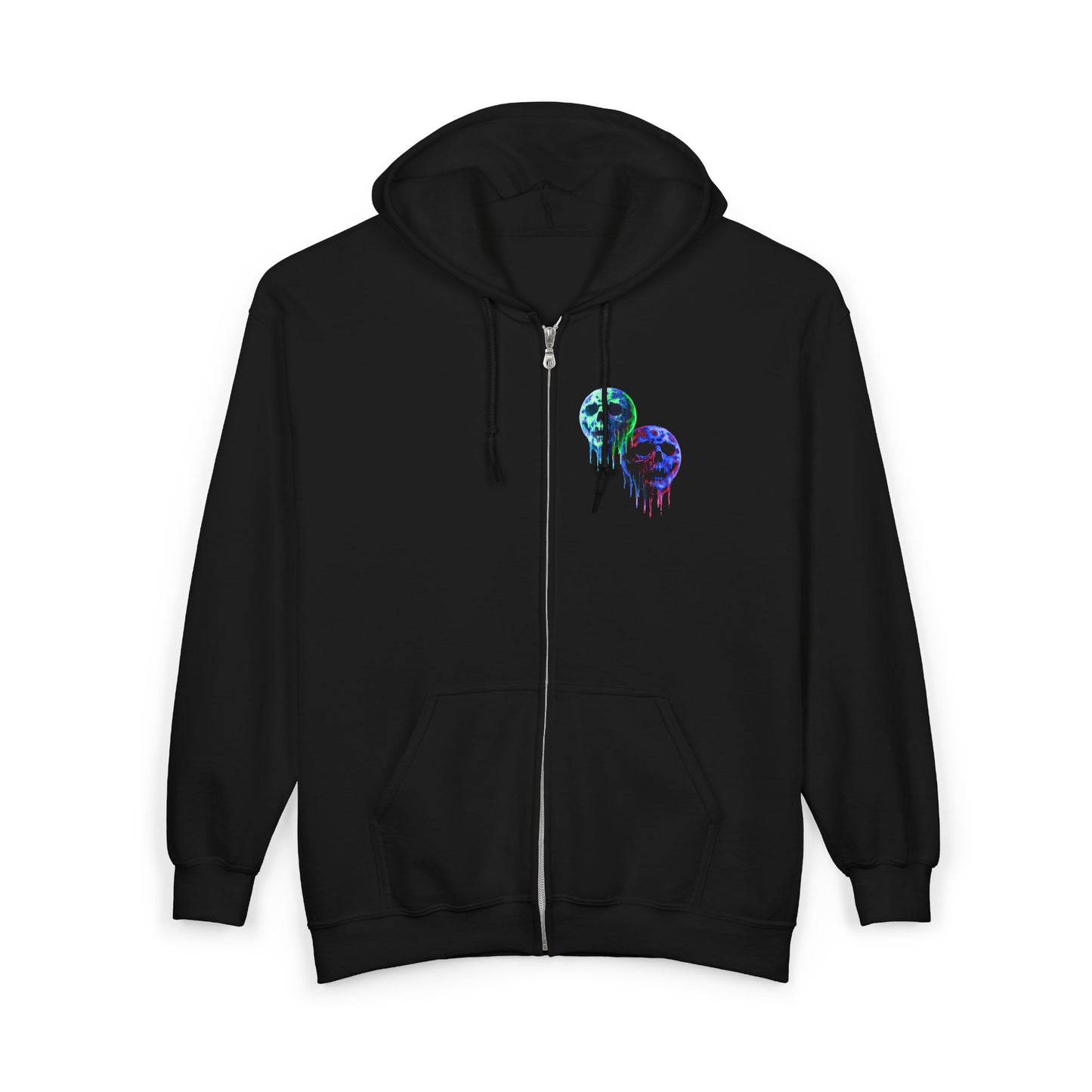 Dripping Neon Skull Zip Hoodie — Glowing Horror Graphic Full-Zip Sweatshirt