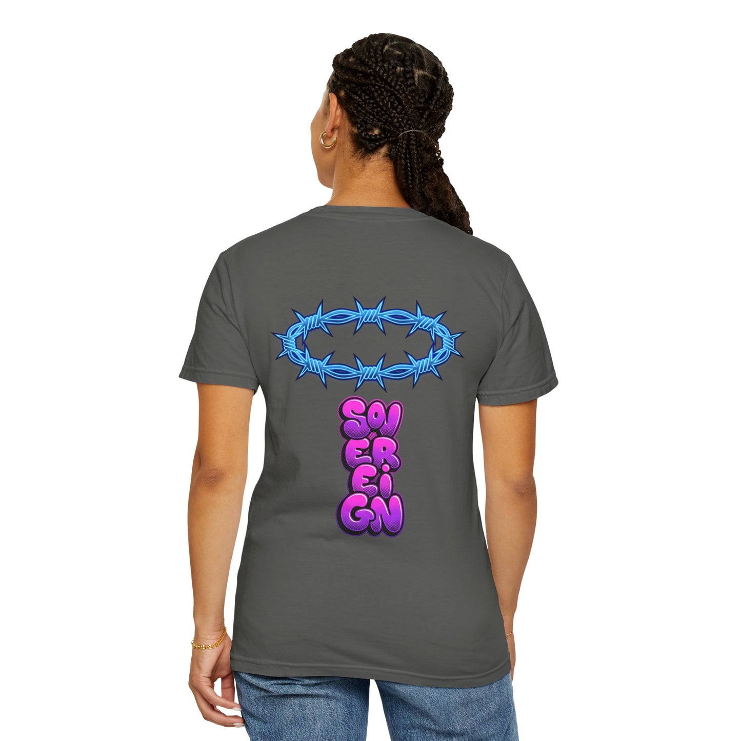 Graphic T-Shirt — Blue Barbed Halo with 'Sovereign' Bubble Letter Back Print