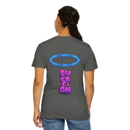 Graphic T-Shirt — Blue Barbed Halo with 'Sovereign' Bubble Letter Back Print