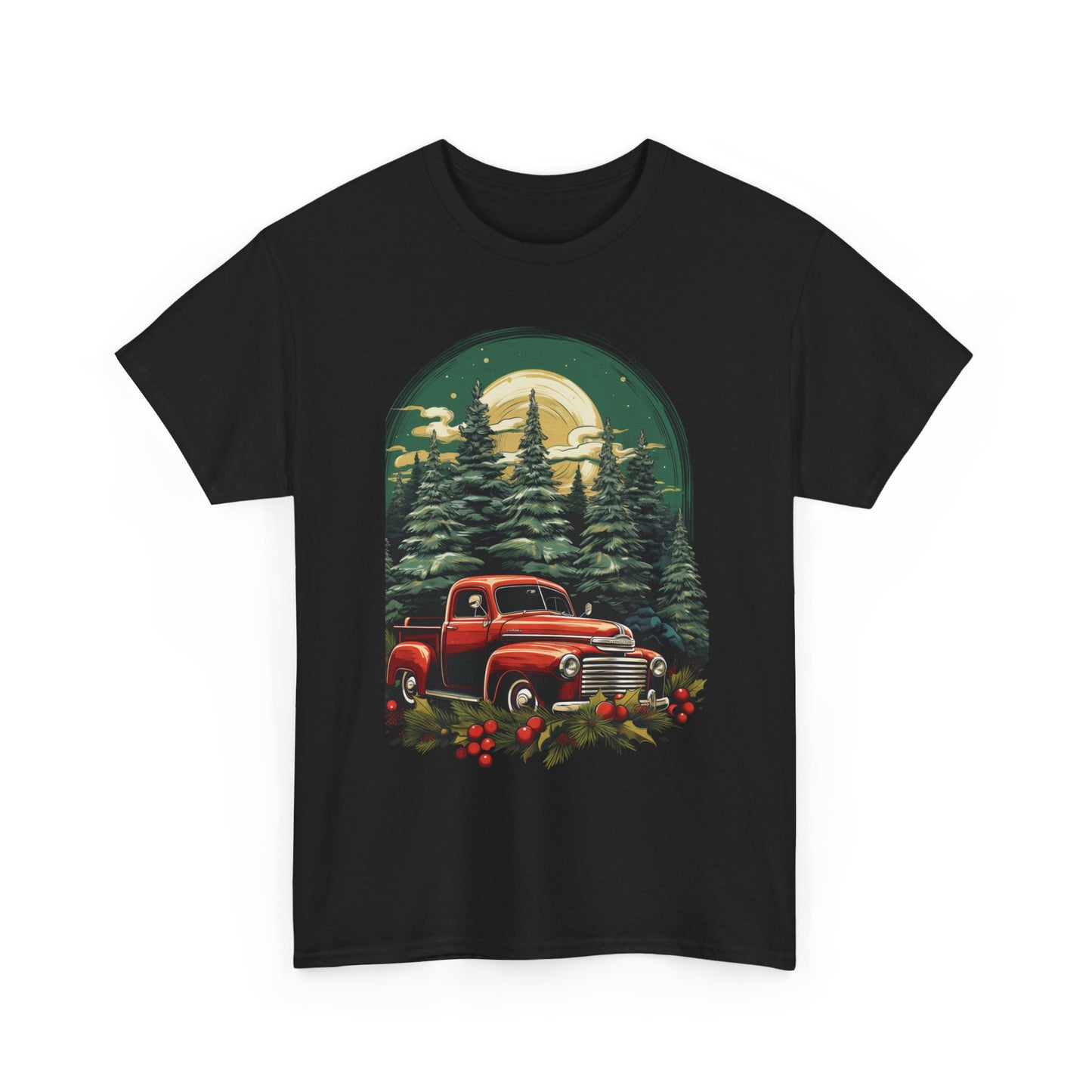 Vintage Red Truck Christmas Tee — Retro Holiday Truck with Evergreen Forest & Berries