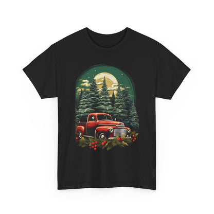 Vintage Red Truck Christmas Tee — Retro Holiday Truck with Evergreen Forest & Berries