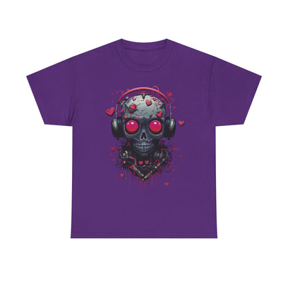 Emo Skull Headphones T-Shirt – Gothic Heartbreak Graphic Tee, Dark Aesthetic Streetwear, Love & Death Punk Shirt