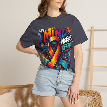 T-Shirt — "My Mind Works Different" Colorful Awareness Ribbon Tee