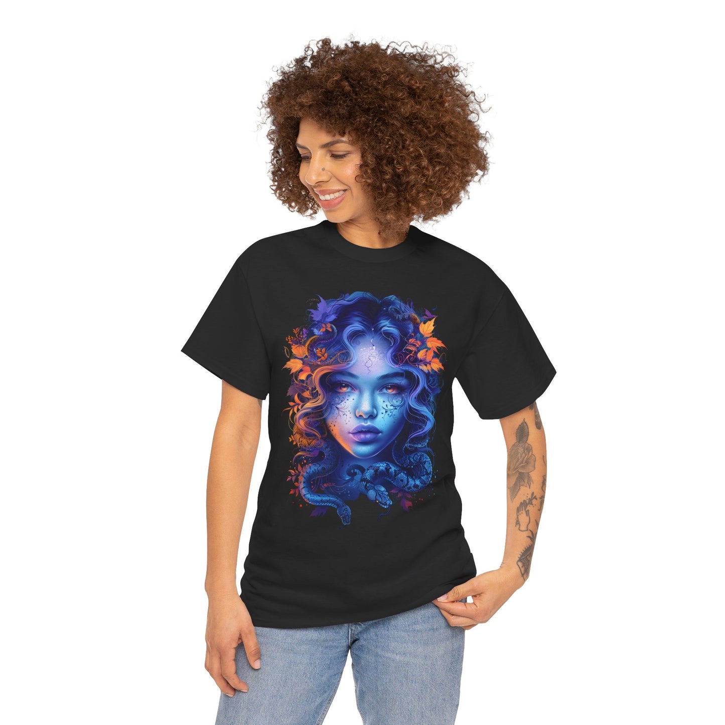 Medusa Moonlight Graphic Tee — Neon Mythical Woman Art T-Shirt
