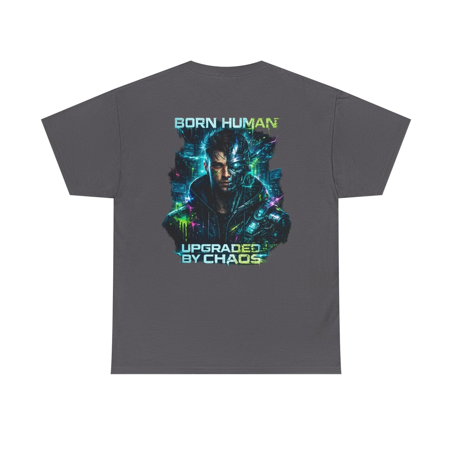 Synth Rebellion Cyberpunk T-Shirt | Born Human Upgraded by Chaos Futuristic Graphic Tee