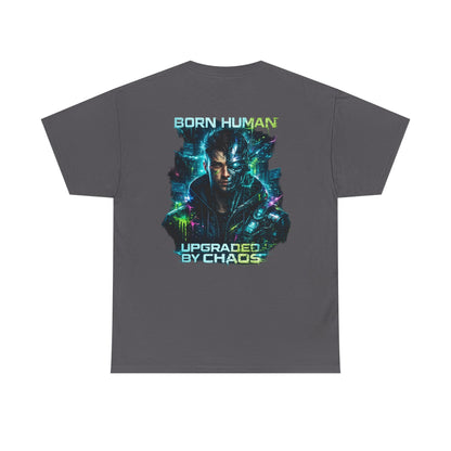 Synth Rebellion Cyberpunk T-Shirt | Born Human Upgraded by Chaos Futuristic Graphic Tee