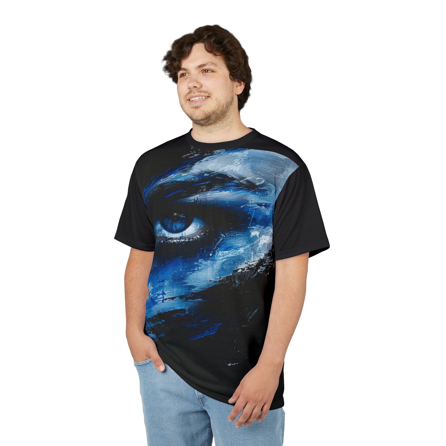 Eye of the Storm Graphic Tee — Blue Abstract Portrait All-Over Print