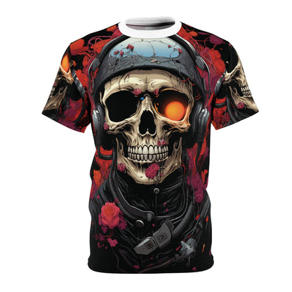 Skull Pilot Graphic Tee — Neon Eye Aviator Skull All-Over Print