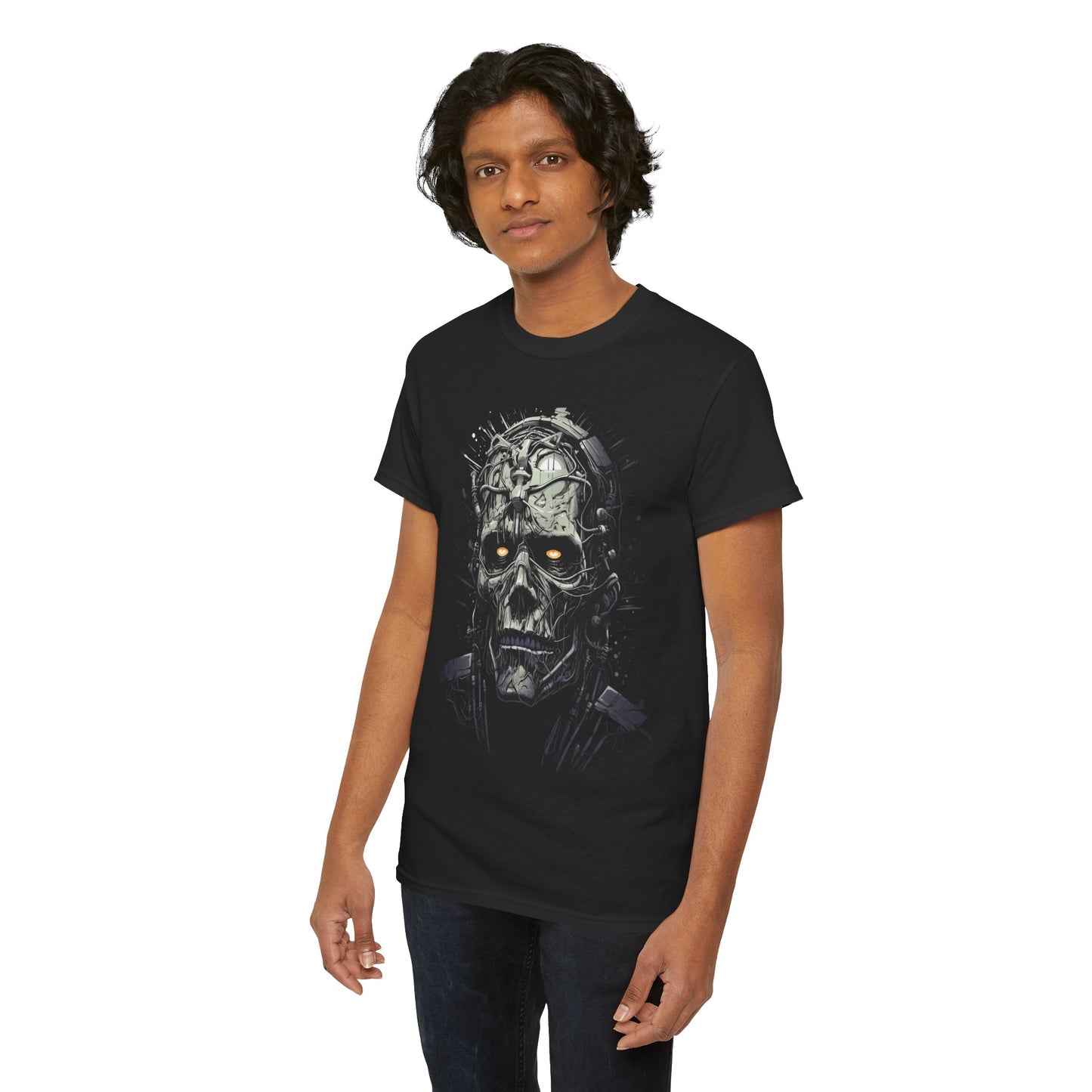 Horror Skull Tee — Mechanical Skull Graphic T-Shirt with Glowing Eyes