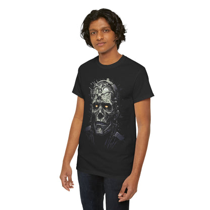 Horror Skull Tee — Mechanical Skull Graphic T-Shirt with Glowing Eyes