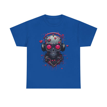 Emo Skull Headphones T-Shirt – Gothic Heartbreak Graphic Tee, Dark Aesthetic Streetwear, Love & Death Punk Shirt