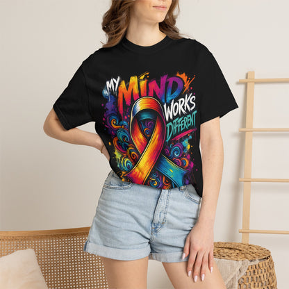 T-Shirt — "My Mind Works Different" Colorful Awareness Ribbon Tee