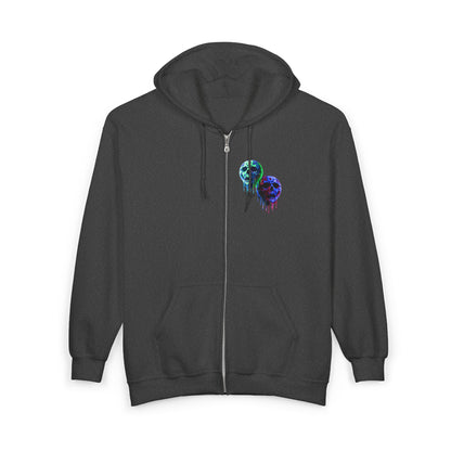 Dripping Neon Skull Zip Hoodie — Glowing Horror Graphic Full-Zip Sweatshirt