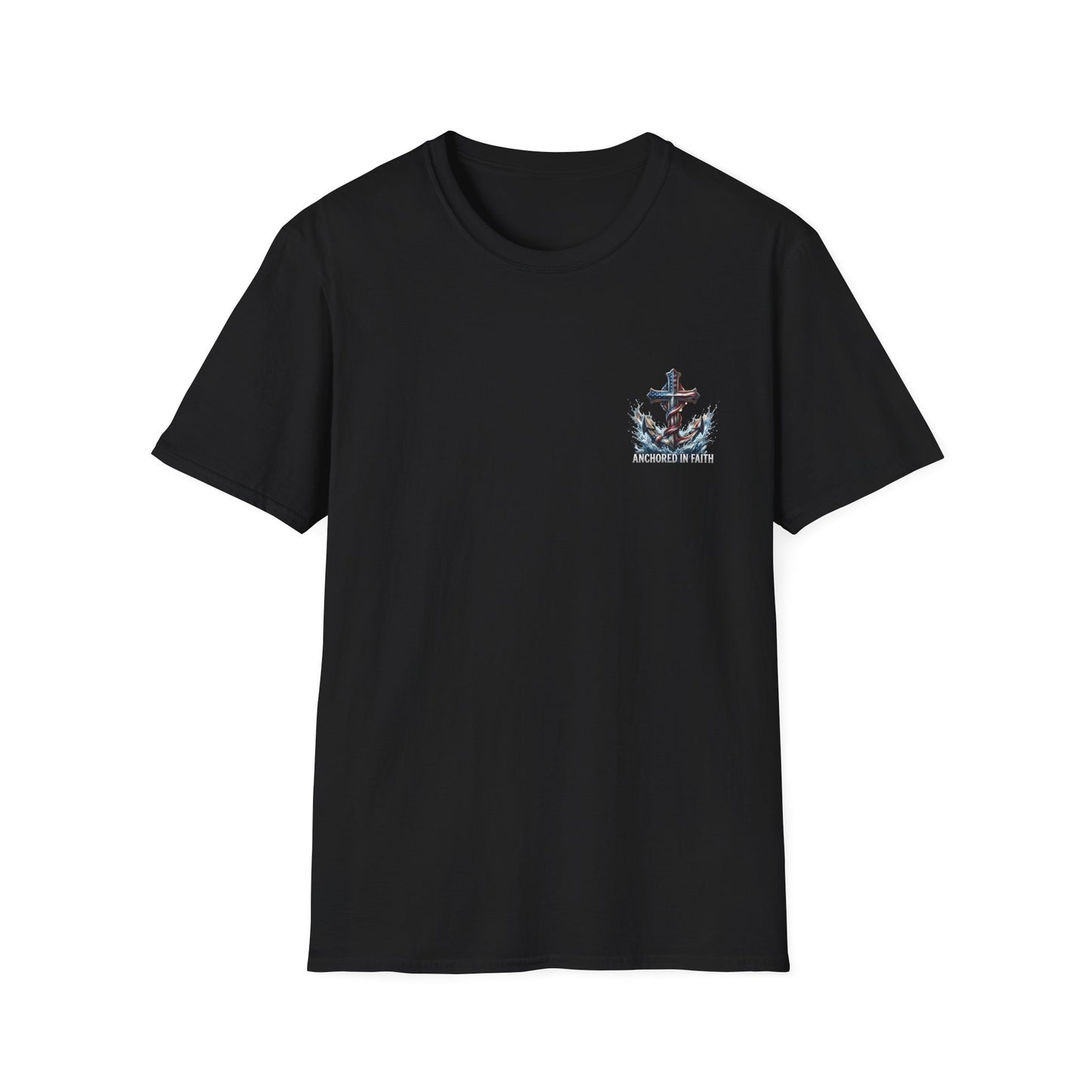 Anchored in Faith Christian T-Shirt | Patriotic Cross & Anchor Graphic Tee | American Flag Faith Shirt