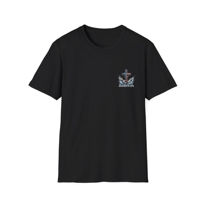 Anchored in Faith Christian T-Shirt | Patriotic Cross & Anchor Graphic Tee | American Flag Faith Shirt