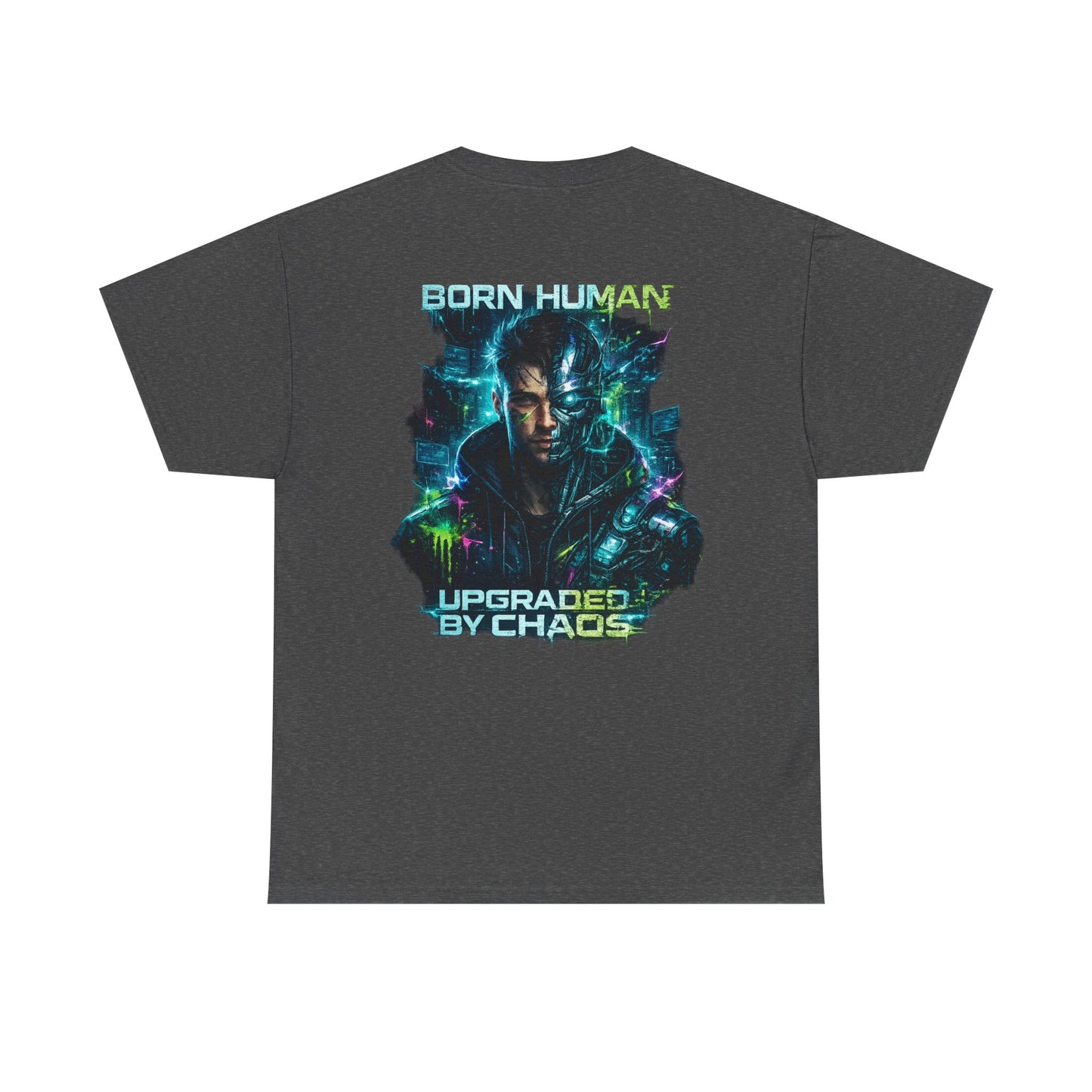 Synth Rebellion Cyberpunk T-Shirt | Born Human Upgraded by Chaos Futuristic Graphic Tee