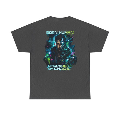 Synth Rebellion Cyberpunk T-Shirt | Born Human Upgraded by Chaos Futuristic Graphic Tee
