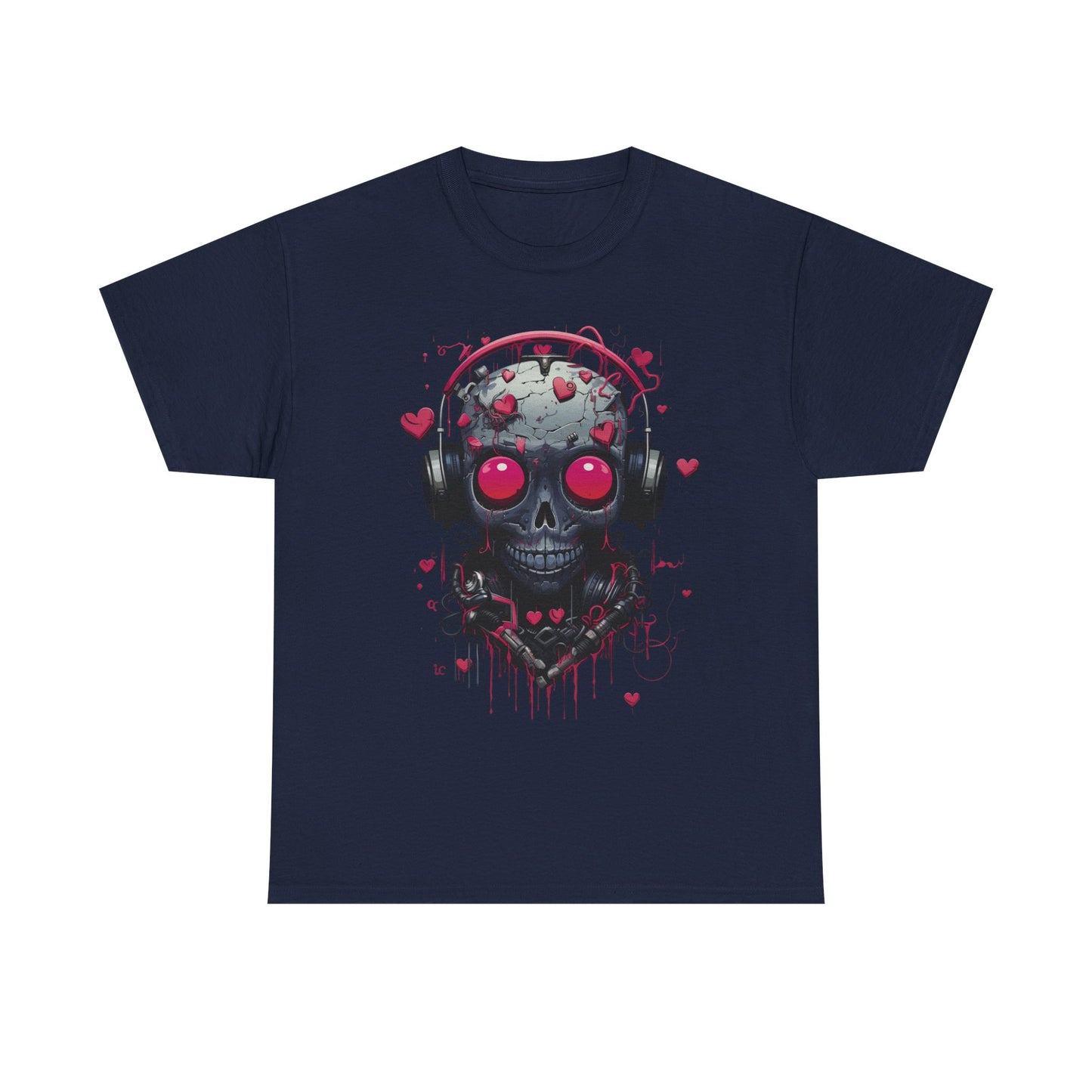Emo Skull Headphones T-Shirt – Gothic Heartbreak Graphic Tee, Dark Aesthetic Streetwear, Love & Death Punk Shirt