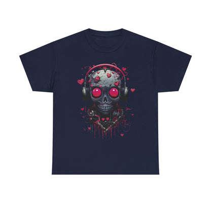 Emo Skull Headphones T-Shirt – Gothic Heartbreak Graphic Tee, Dark Aesthetic Streetwear, Love & Death Punk Shirt