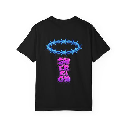 Graphic T-Shirt — Blue Barbed Halo with 'Sovereign' Bubble Letter Back Print