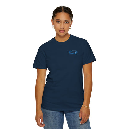 Graphic T-Shirt — Blue Barbed Halo with 'Sovereign' Bubble Letter Back Print