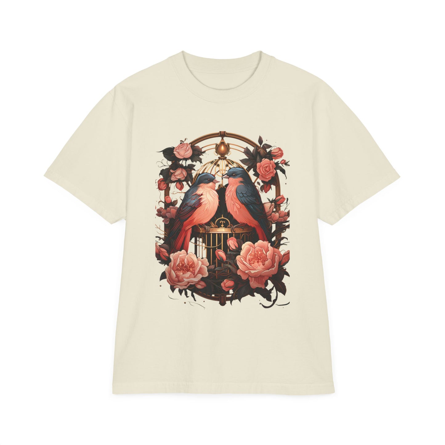 Vintage Birdcage Floral T-Shirt – Romantic Birds Graphic Tee, Cottagecore Aesthetic Shirt, Soft Nature Lover Gift