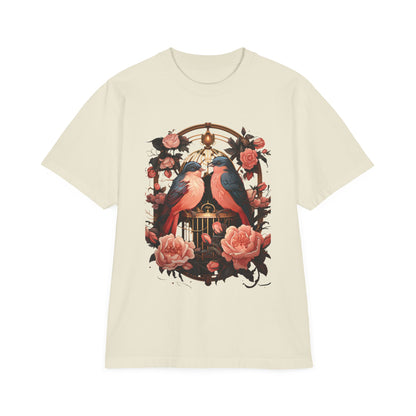 Vintage Birdcage Floral T-Shirt – Romantic Birds Graphic Tee, Cottagecore Aesthetic Shirt, Soft Nature Lover Gift