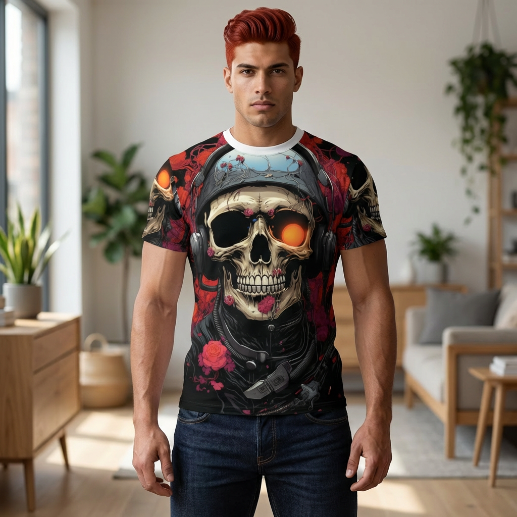 Skull Pilot Graphic Tee — Neon Eye Aviator Skull All-Over Print