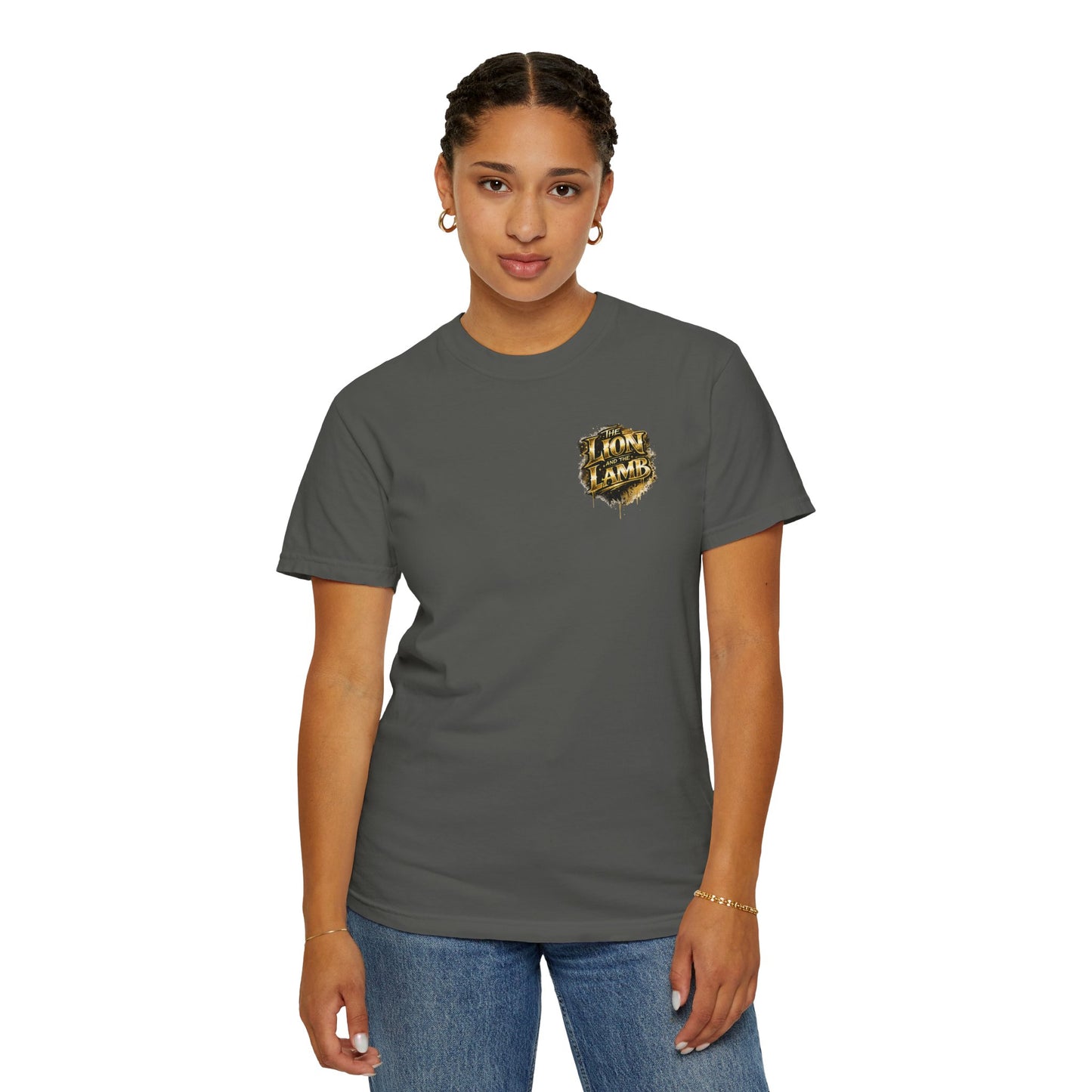 Lion and Lamb Christian T-Shirt | Faith-Based Graffiti Streetwear Tee | Gold Urban Christian Graphic Shirt | Religious Lion Lamb Apparel