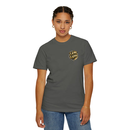 Lion and Lamb Christian T-Shirt | Faith-Based Graffiti Streetwear Tee | Gold Urban Christian Graphic Shirt | Religious Lion Lamb Apparel
