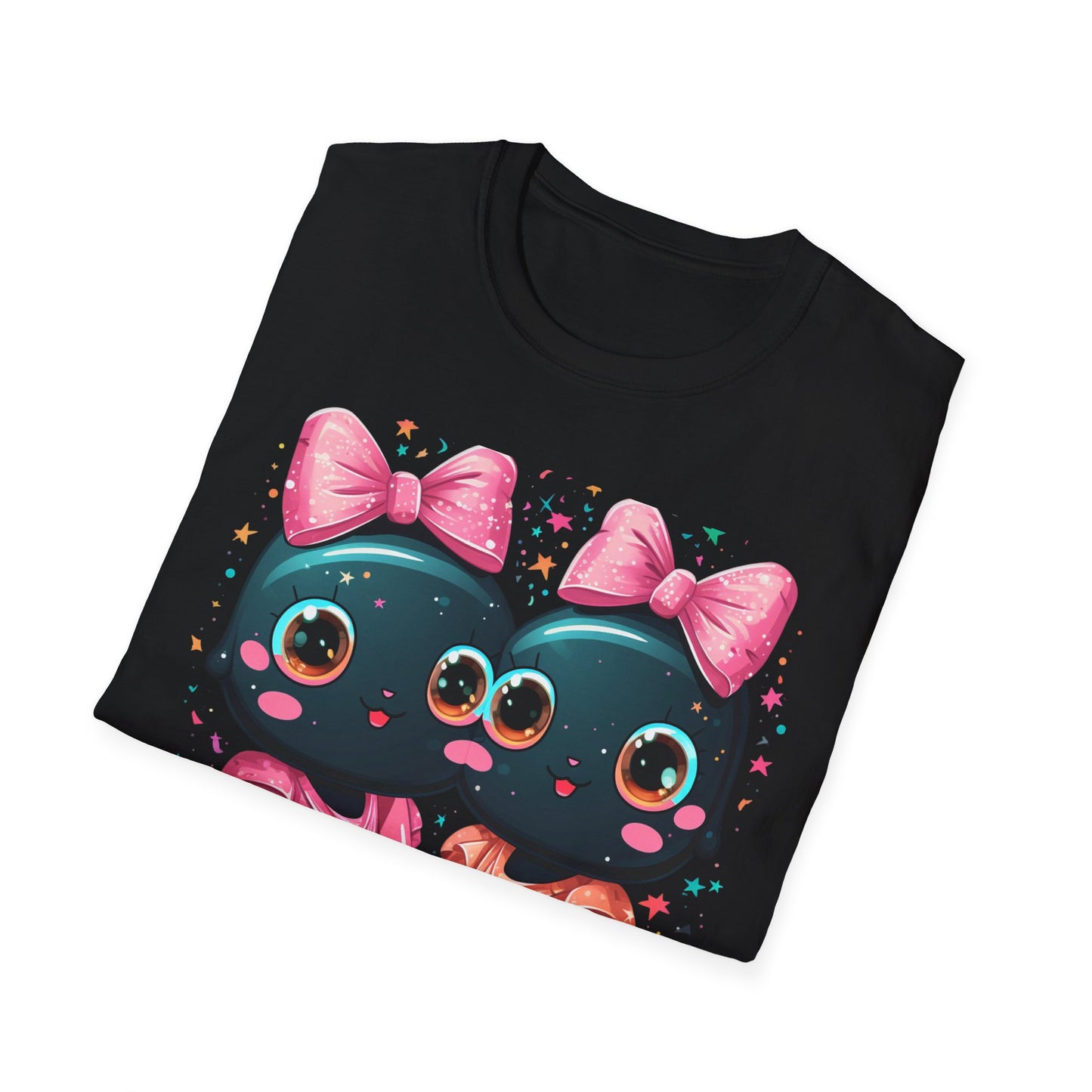 Cute Gothic Twin Dolls T-Shirt — Matching Pink Bow Kawaii Design